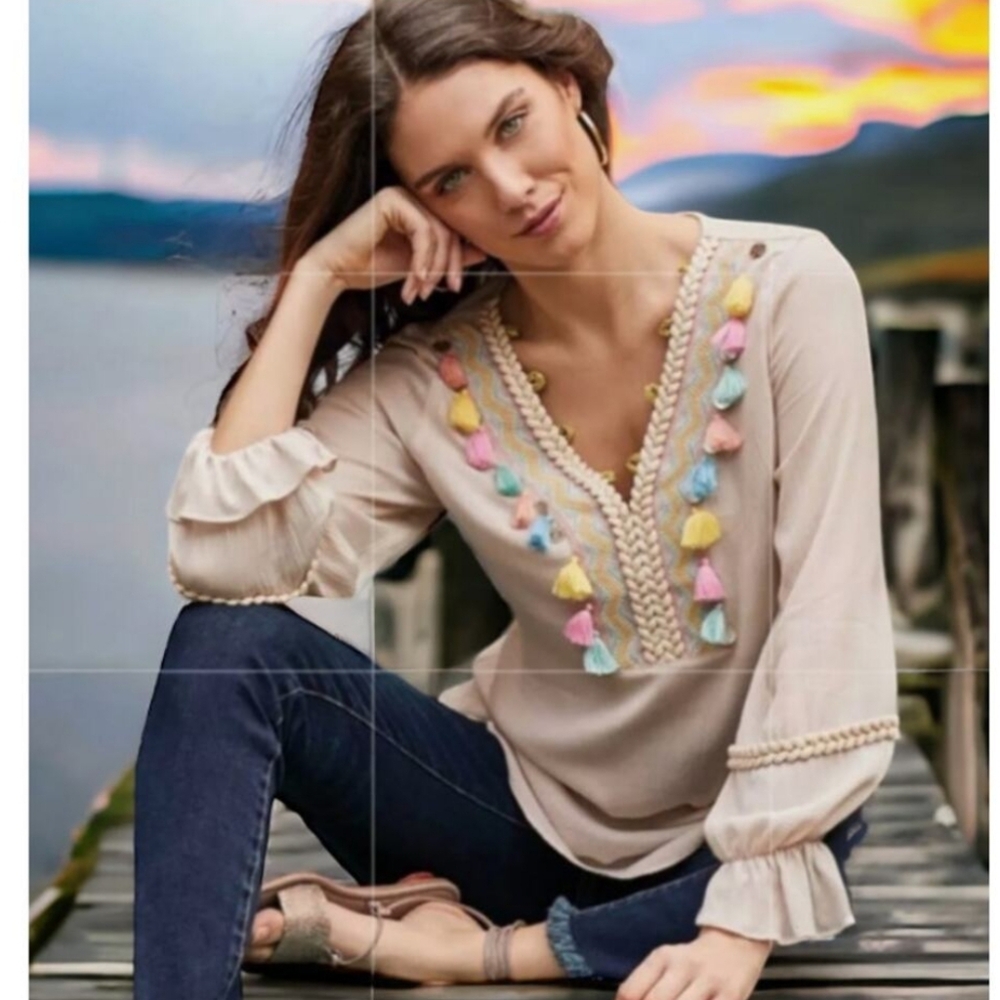 Soft Surroundings Top Womens‎ Clementine Beige Tassel Boho Tunic Blouse XS